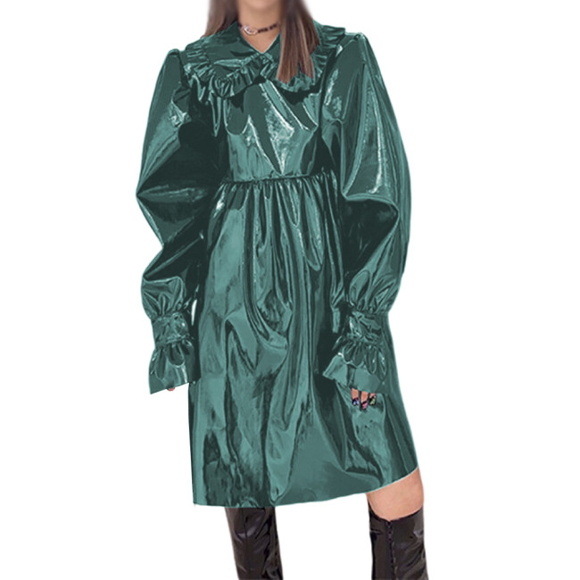 Womens Shiny PVC Leather Ruffles Peter Pan Collar Knee-length Dress Fashion Punk Girls Midi Dress Flared Long Sleeve Lady Dress