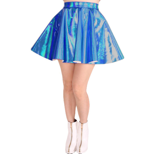 Women Shiny Hologram Laser Flared Pleated A Line Circle Mini Skirts Raves Party Liquid Metallic High Waist Skater Skirt Clubwear