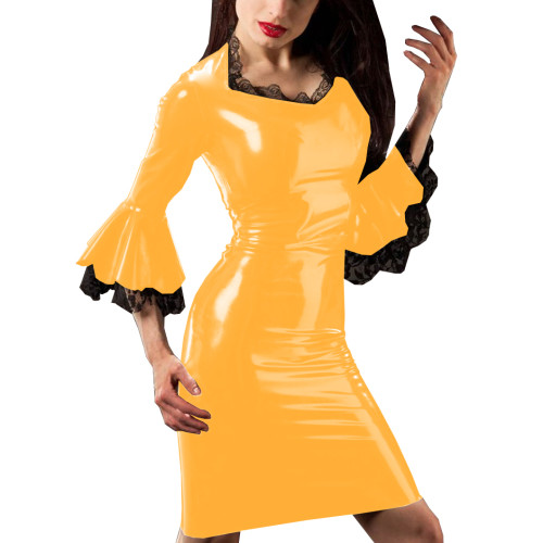 Chic Sweetheart Neckline PVC Shiny Mini Bodycon Dress Autumn Sexy Lace Flared Sleeve Wet Look Faux Latex Sheath Dress Clubwear