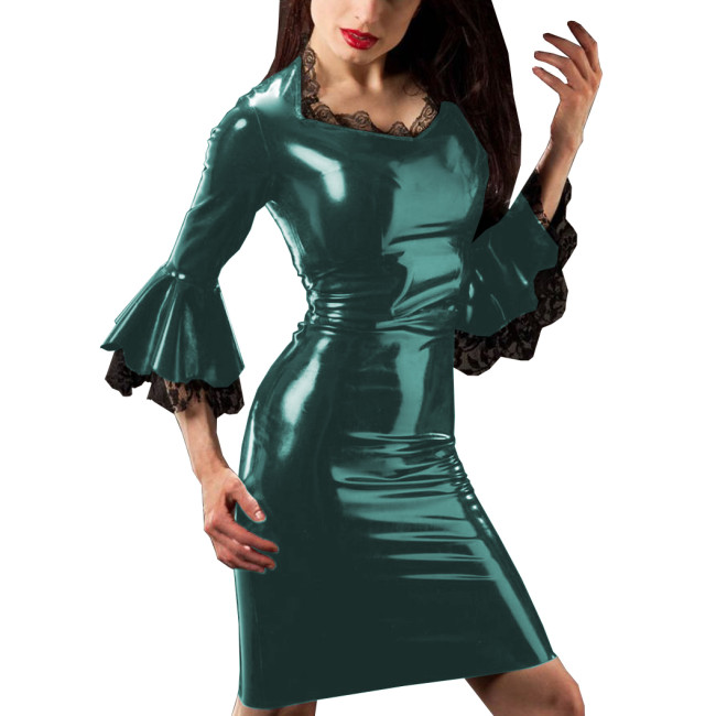 Chic Sweetheart Neckline PVC Shiny Mini Bodycon Dress Autumn Sexy Lace Flared Sleeve Wet Look Faux Latex Sheath Dress Clubwear