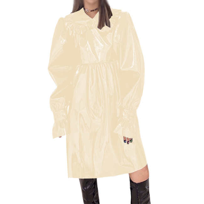 Womens Shiny PVC Leather Ruffles Peter Pan Collar Knee-length Dress Fashion Punk Girls Midi Dress Flared Long Sleeve Lady Dress