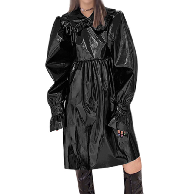 Womens Shiny PVC Leather Ruffles Peter Pan Collar Knee-length Dress Fashion Punk Girls Midi Dress Flared Long Sleeve Lady Dress