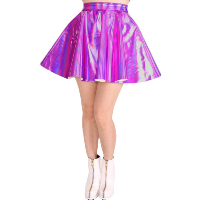 Women Shiny Hologram Laser Flared Pleated A Line Circle Mini Skirts Raves Party Liquid Metallic High Waist Skater Skirt Clubwear