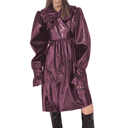 Womens Shiny PVC Leather Ruffles Peter Pan Collar Knee-length Dress Fashion Punk Girls Midi Dress Flared Long Sleeve Lady Dress