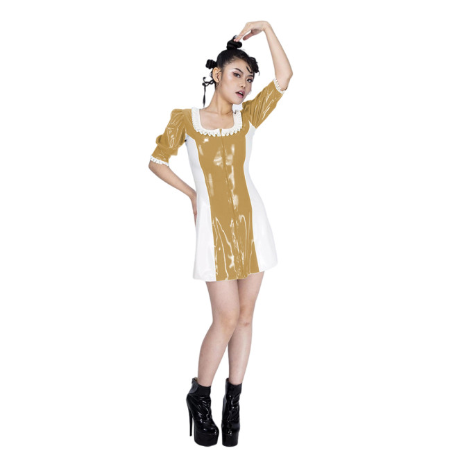 Vitality Girl Shiny PVC Mini Dress with Frills Square Collar Faux Latex A-line Dress Puff Short Sleeves Party Patchwork Dress
