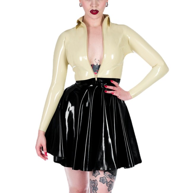 Elegant Women Turn-down Collar Patchwork Dress Faux PVC Leather Sexy Empire Slim A-line Dress Zipper Party Long Sleeve Dresses