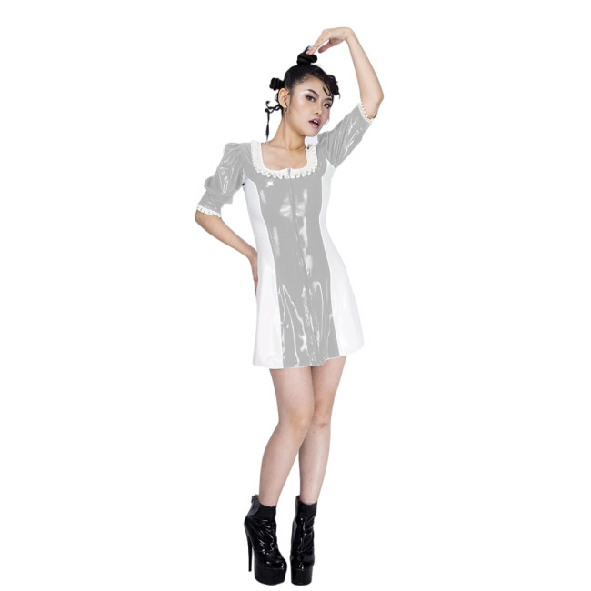 Vitality Girl Shiny PVC Mini Dress with Frills Square Collar Faux Latex A-line Dress Puff Short Sleeves Party Patchwork Dress