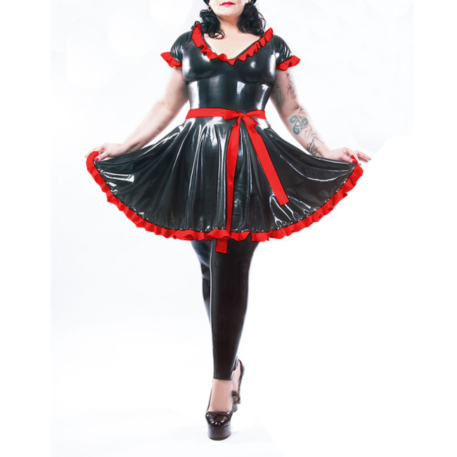 Sexy Party Cosplay Maid Dress Shiny PVC Leather Short Sleeve A-line Dress with Ruffles Vinyl Faux Latex V-neck Pleated Dress