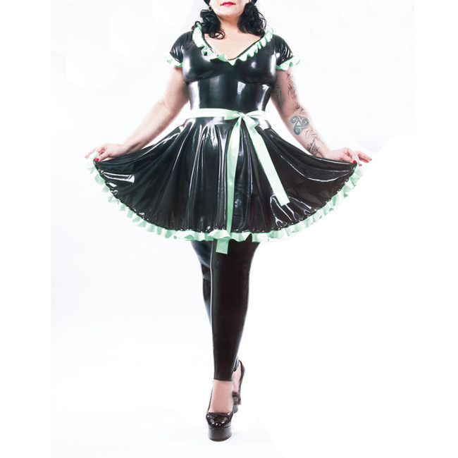 Sexy Party Cosplay Maid Dress Shiny PVC Leather Short Sleeve A-line Dress with Ruffles Vinyl Faux Latex V-neck Pleated Dress