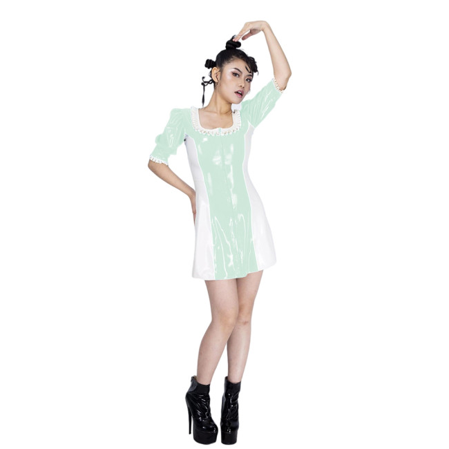 Vitality Girl Shiny PVC Mini Dress with Frills Square Collar Faux Latex A-line Dress Puff Short Sleeves Party Patchwork Dress