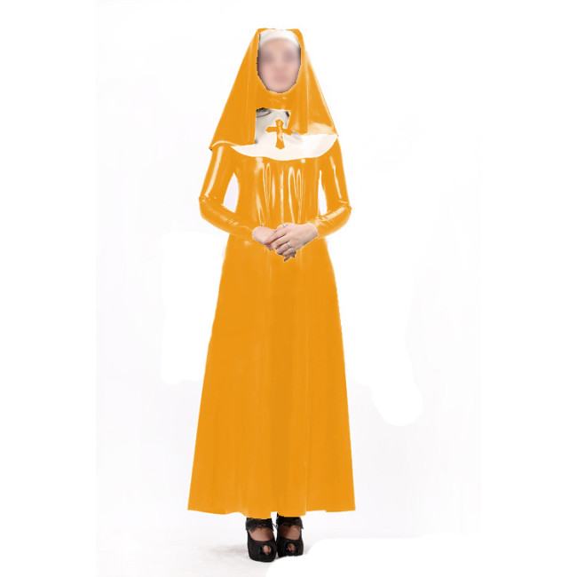 Sexy Women Nun Dress Uniform 3 pieces Sets Wet Look PVC Faux Latex Long Sleeve Maxi Dress Bib Headgear Cosplay Costumes S-7XL