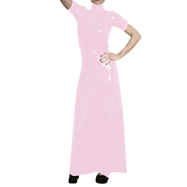 Women's PVC Elegant High Neck Short Sleeve Maxi Dress Faux Latex Puff Sleeve Ruffles Decor Long Dress Casual Evening Party S-7XL