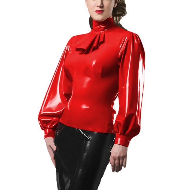 Fashion Female Elegant Ruffles Blouses Shiny PVC Leather High Neck Casual Shirt Office Ladies Long Sleeve Blouses Wetlook Tops