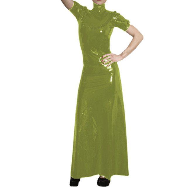 Women's PVC Elegant High Neck Short Sleeve Maxi Dress Faux Latex Puff Sleeve Ruffles Decor Long Dress Casual Evening Party S-7XL