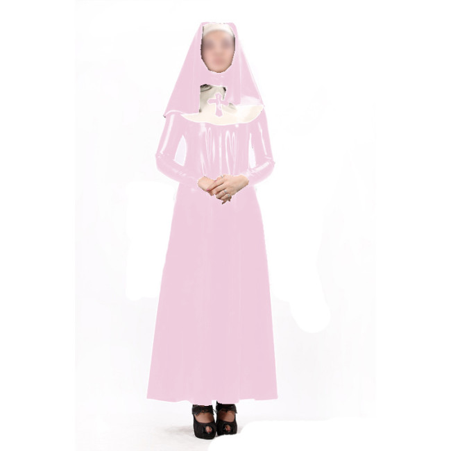 Sexy Women Nun Dress Uniform 3 pieces Sets Wet Look PVC Faux Latex Long Sleeve Maxi Dress Bib Headgear Cosplay Costumes S-7XL