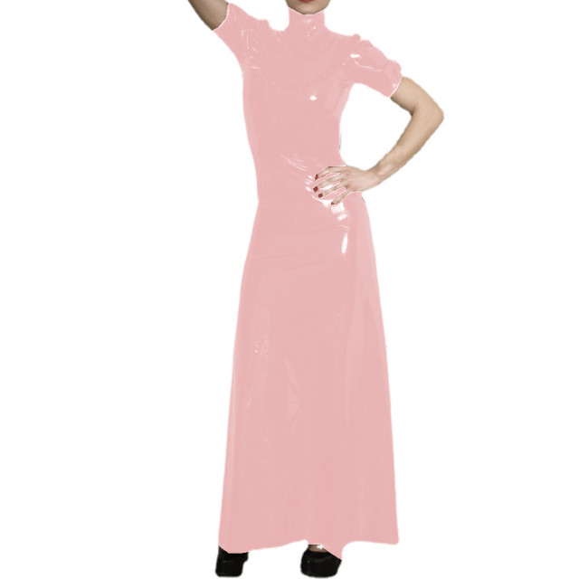 Women's PVC Elegant High Neck Short Sleeve Maxi Dress Faux Latex Puff Sleeve Ruffles Decor Long Dress Casual Evening Party S-7XL