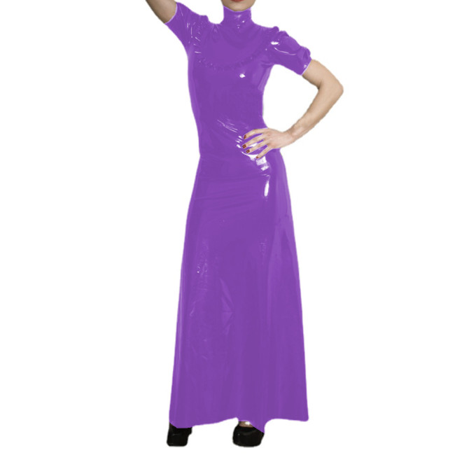 Women's PVC Elegant High Neck Short Sleeve Maxi Dress Faux Latex Puff Sleeve Ruffles Decor Long Dress Casual Evening Party S-7XL