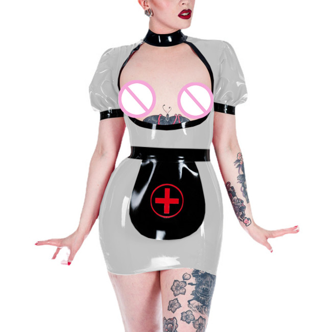 Sexy Shiny PVC Open Chest Apron Nurse Uniform Exotic Party Hip Exposed Bodycon Mini Dress Fetish Cosplay Costumes Role Play Set