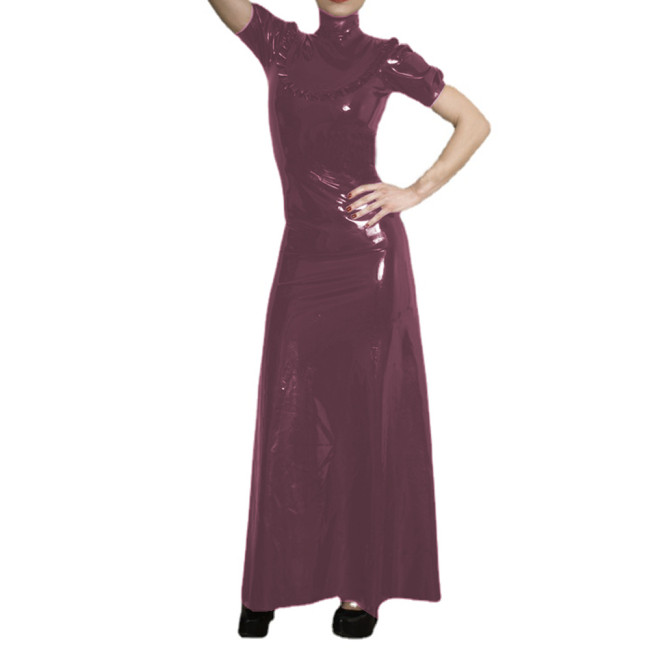 Women's PVC Elegant High Neck Short Sleeve Maxi Dress Faux Latex Puff Sleeve Ruffles Decor Long Dress Casual Evening Party S-7XL