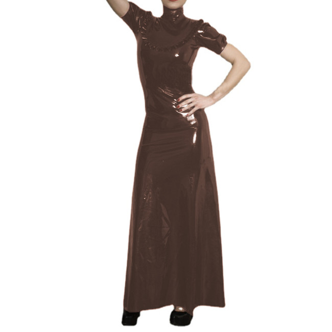 Women's PVC Elegant High Neck Short Sleeve Maxi Dress Faux Latex Puff Sleeve Ruffles Decor Long Dress Casual Evening Party S-7XL