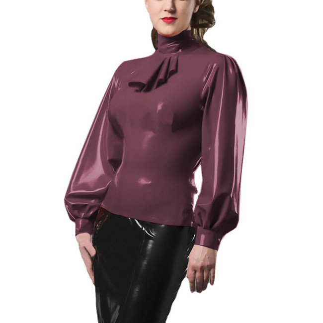 Fashion Female Elegant Ruffles Blouses Shiny PVC Leather High Neck Casual Shirt Office Ladies Long Sleeve Blouses Wetlook Tops