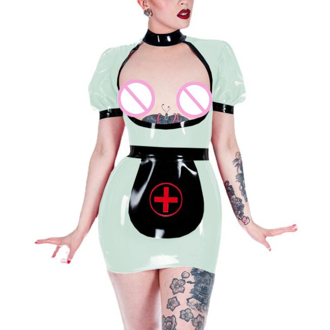 Sexy Shiny PVC Open Chest Apron Nurse Uniform Exotic Party Hip Exposed Bodycon Mini Dress Fetish Cosplay Costumes Role Play Set