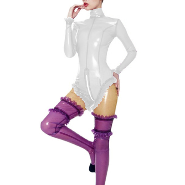 Sexy Clear PVC Long Sleeve Body Suit Tops Transparent Mock Turtleneck Zipper Crotch Bodysuit for Women Party Clubwear Night 7XL