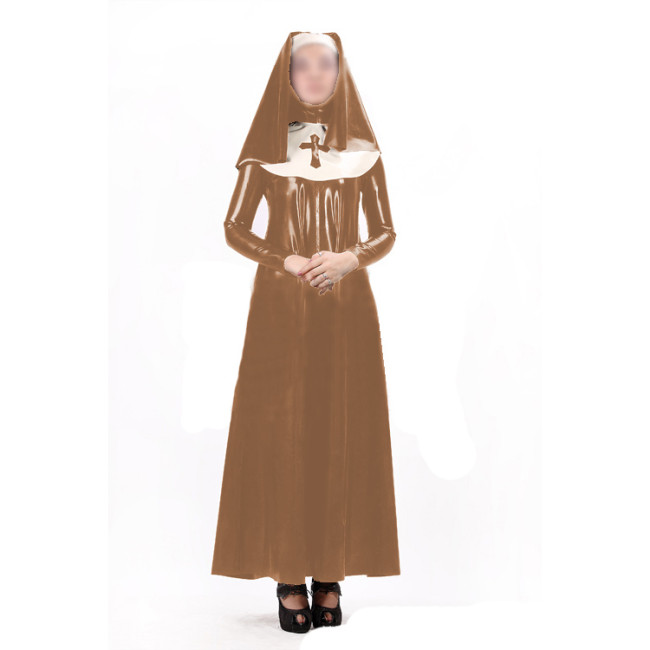 Sexy Women Nun Dress Uniform 3 pieces Sets Wet Look PVC Faux Latex Long Sleeve Maxi Dress Bib Headgear Cosplay Costumes S-7XL