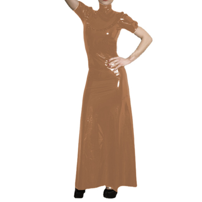 Women's PVC Elegant High Neck Short Sleeve Maxi Dress Faux Latex Puff Sleeve Ruffles Decor Long Dress Casual Evening Party S-7XL