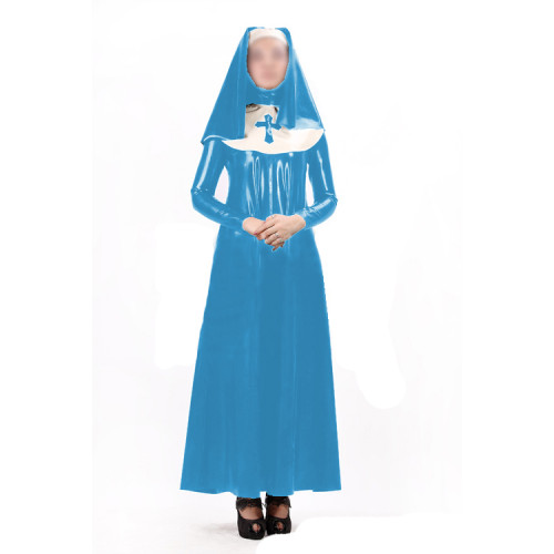 Sexy Women Nun Dress Uniform 3 pieces Sets Wet Look PVC Faux Latex Long Sleeve Maxi Dress Bib Headgear Cosplay Costumes S-7XL