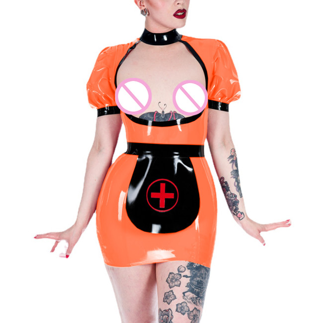 Sexy Shiny PVC Open Chest Apron Nurse Uniform Exotic Party Hip Exposed Bodycon Mini Dress Fetish Cosplay Costumes Role Play Set