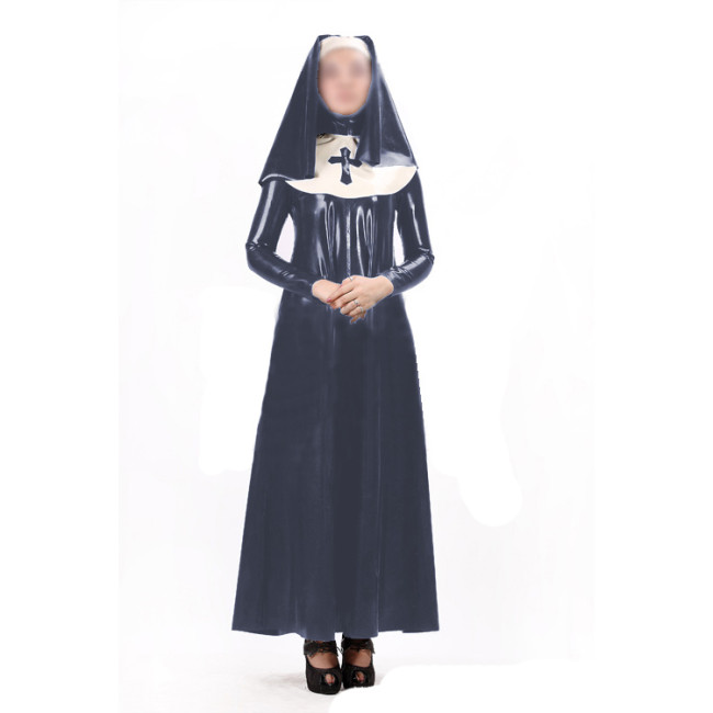 Sexy Women Nun Dress Uniform 3 pieces Sets Wet Look PVC Faux Latex Long Sleeve Maxi Dress Bib Headgear Cosplay Costumes S-7XL