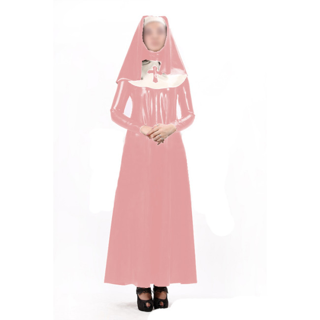 Sexy Women Nun Dress Uniform 3 pieces Sets Wet Look PVC Faux Latex Long Sleeve Maxi Dress Bib Headgear Cosplay Costumes S-7XL