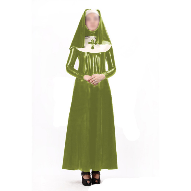 Sexy Women Nun Dress Uniform 3 pieces Sets Wet Look PVC Faux Latex Long Sleeve Maxi Dress Bib Headgear Cosplay Costumes S-7XL