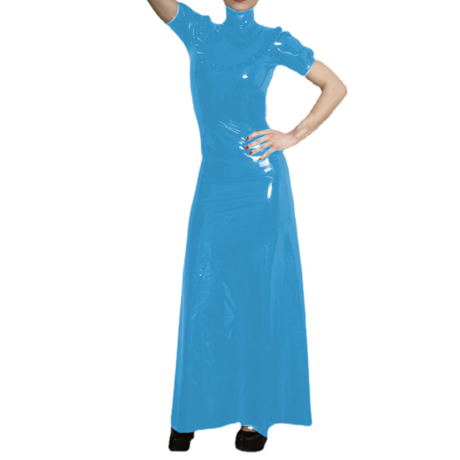 Women's PVC Elegant High Neck Short Sleeve Maxi Dress Faux Latex Puff Sleeve Ruffles Decor Long Dress Casual Evening Party S-7XL