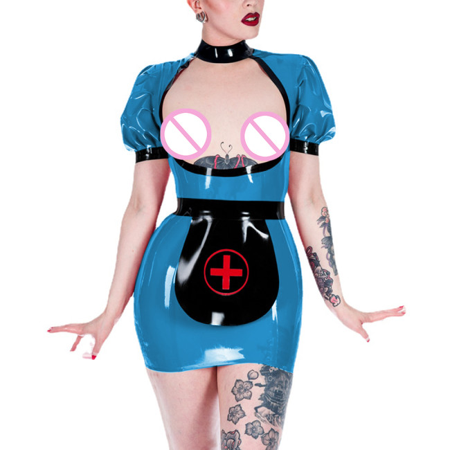 Sexy Shiny PVC Open Chest Apron Nurse Uniform Exotic Party Hip Exposed Bodycon Mini Dress Fetish Cosplay Costumes Role Play Set