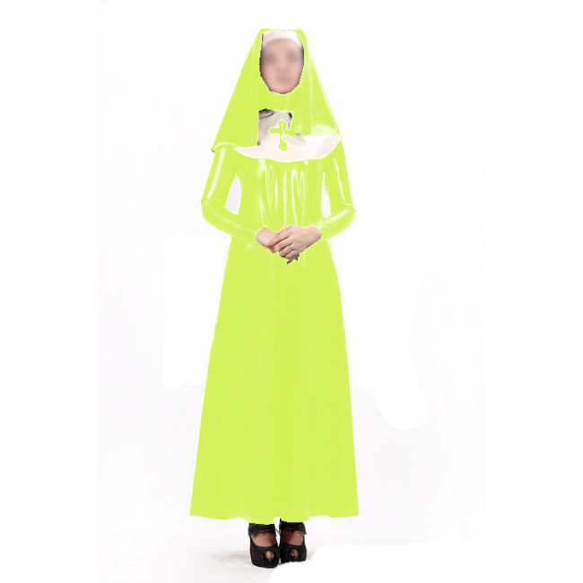 Sexy Women Nun Dress Uniform 3 pieces Sets Wet Look PVC Faux Latex Long Sleeve Maxi Dress Bib Headgear Cosplay Costumes S-7XL