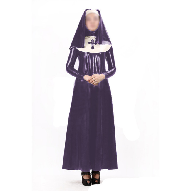 Sexy Women Nun Dress Uniform 3 pieces Sets Wet Look PVC Faux Latex Long Sleeve Maxi Dress Bib Headgear Cosplay Costumes S-7XL
