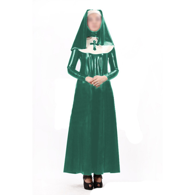 Sexy Women Nun Dress Uniform 3 pieces Sets Wet Look PVC Faux Latex Long Sleeve Maxi Dress Bib Headgear Cosplay Costumes S-7XL