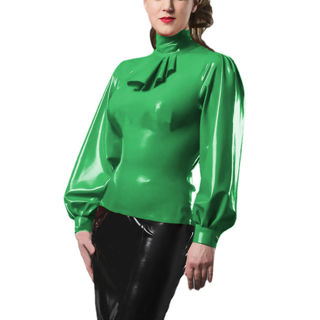 Fashion Female Elegant Ruffles Blouses Shiny PVC Leather High Neck Casual Shirt Office Ladies Long Sleeve Blouses Wetlook Tops