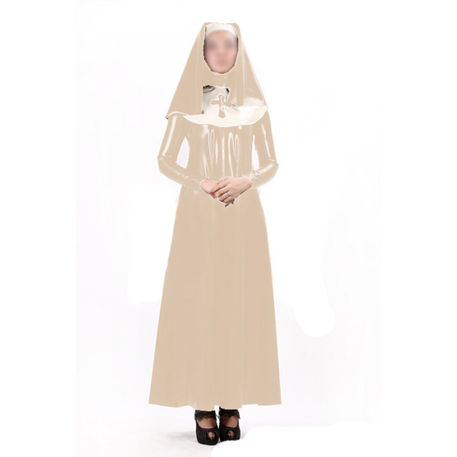 Sexy Women Nun Dress Uniform 3 pieces Sets Wet Look PVC Faux Latex Long Sleeve Maxi Dress Bib Headgear Cosplay Costumes S-7XL