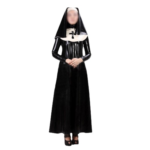Sexy Women Nun Dress Uniform 3 pieces Sets Wet Look PVC Faux Latex Long Sleeve Maxi Dress Bib Headgear Cosplay Costumes S-7XL