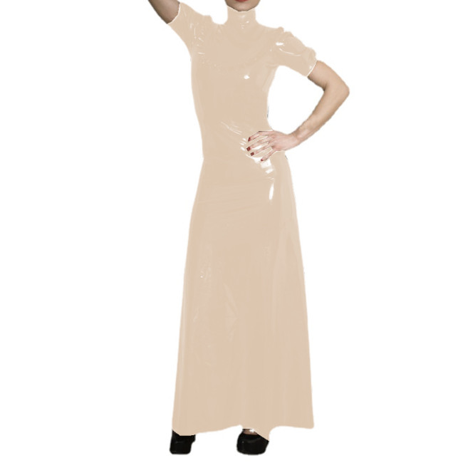 Women's PVC Elegant High Neck Short Sleeve Maxi Dress Faux Latex Puff Sleeve Ruffles Decor Long Dress Casual Evening Party S-7XL