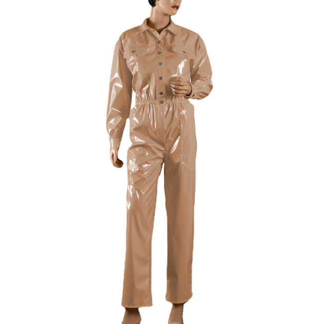 Long Sleeve Button Up Shiny PVC Leather Jumpsuit Women Men Pockets Romper Wet Look Solid Club Overalls Fashion One Piece Outfit