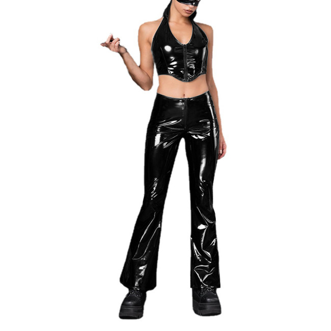 Club Shiny PVC Leather Two Piece Set Sexy Halter Backless Crop Tops High Waist Slim Flared Pants Raves Party Cosplay Costume
