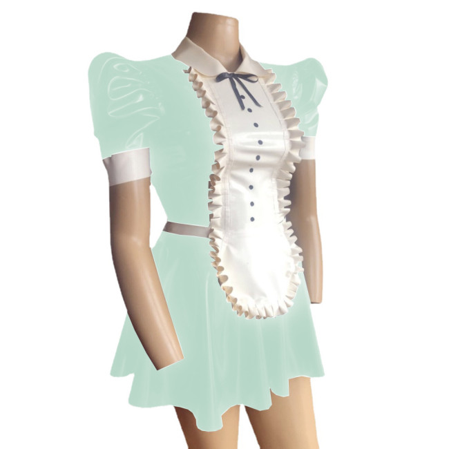 Sisst Sexy Short Puff Sleeve Maid Dress Fetish PVC Leather Maid Outfit Ruffles Turn-down Collar Cosplay Fancy Apron Maid Dress