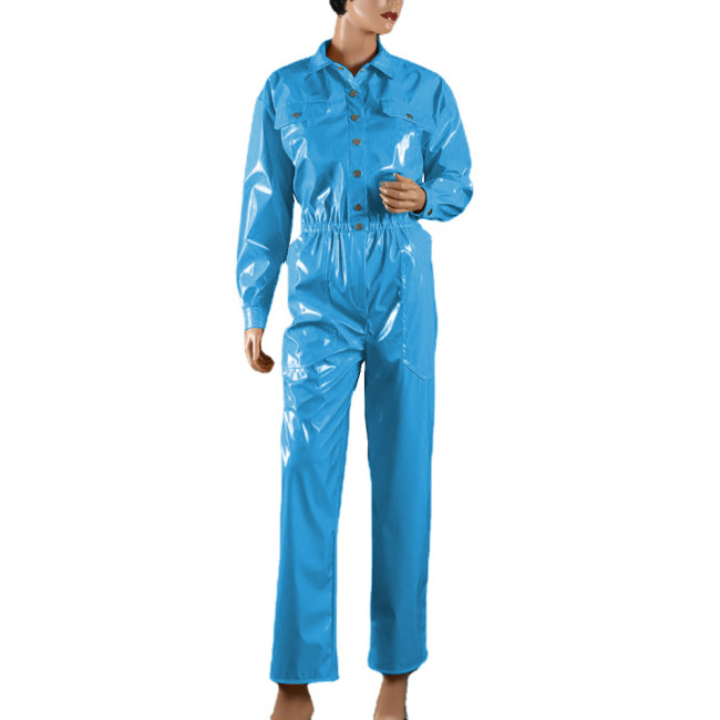 Long Sleeve Button Up Shiny PVC Leather Jumpsuit Women Men Pockets Romper Wet Look Solid Club Overalls Fashion One Piece Outfit