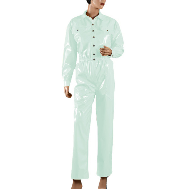 Long Sleeve Button Up Shiny PVC Leather Jumpsuit Women Men Pockets Romper Wet Look Solid Club Overalls Fashion One Piece Outfit