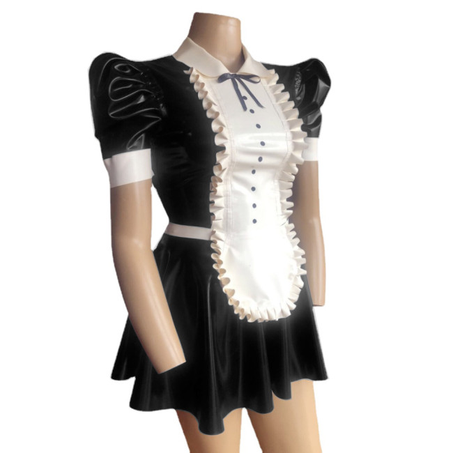 Sisst Sexy Short Puff Sleeve Maid Dress Fetish PVC Leather Maid Outfit Ruffles Turn-down Collar Cosplay Fancy Apron Maid Dress