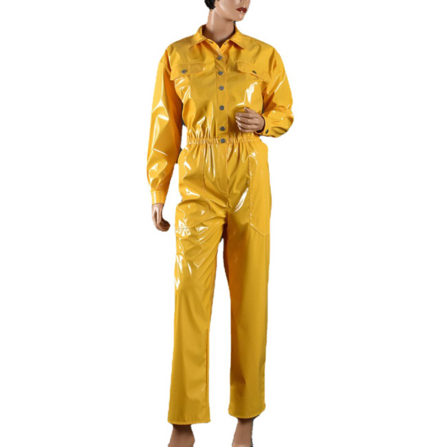 Long Sleeve Button Up Shiny PVC Leather Jumpsuit Women Men Pockets Romper Wet Look Solid Club Overalls Fashion One Piece Outfit